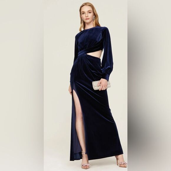 One 33  Social Navy Velvet Velour Cut Out Gown Maxi Dress Size 8 - Picture 1 of 9